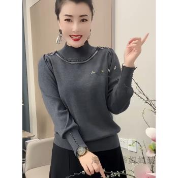 小香風時尚重工釘珠半高領打底衫女士秋冬新款氣質顯瘦高檔打底衫