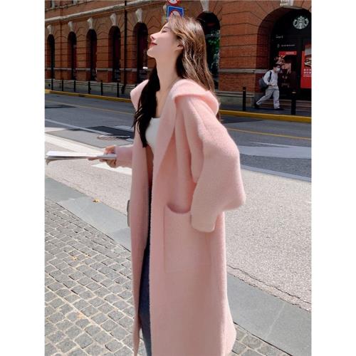 韓系溫柔風粉色毛呢外套女秋冬中長款2025新款環保皮草水貂絨大衣