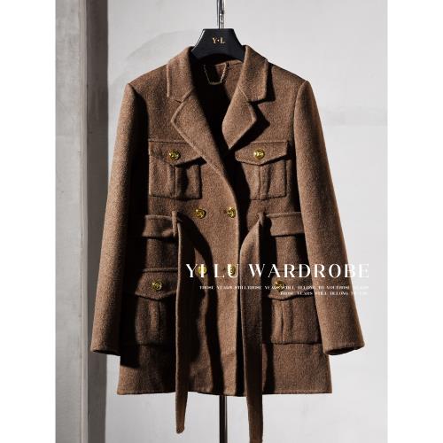 美拉德歐貨高支澳洲羊毛西裝大衣貴氣小個子中長款系帶毛呢外套女