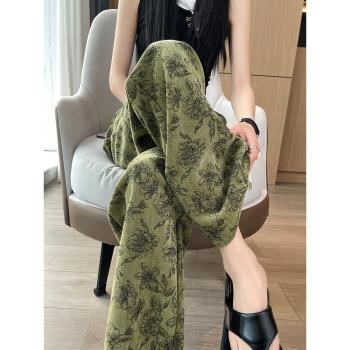 綠色印花窄版闊腿褲女春秋高腰垂感寬松顯瘦休閑民族風直筒拖地褲