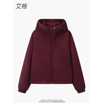 艾格官方冬夾棉加厚沖鋒衣女連帽夾克派克服外套高階感加絨