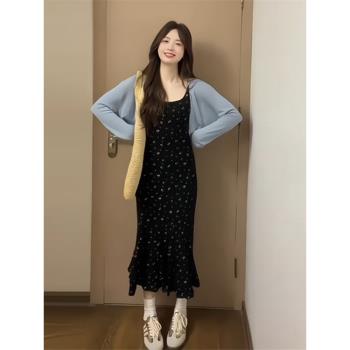 法式復古碎花吊帶連衣裙套裝女夏2025新款韓系小個子穿搭魚尾長裙