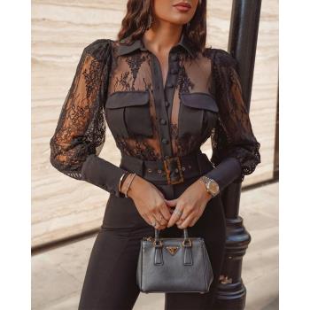 Sexy black lace shirt top 歐美時尚女士長袖黑色蕾絲襯衫上衣