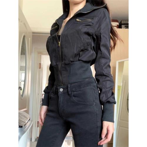 簡約高級感暗黑拽酷辣妹外套女秋季收腰干練修身穿搭高領拉鏈夾克