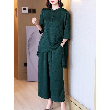 貴夫人大碼時尚套裝女春夏季胖mm闊太太寬松上衣九分闊腿褲兩件套