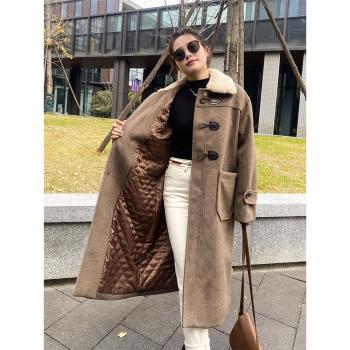 高階感超好看羊毛呢外套冬季女2024新款加厚夾棉小個子牛角扣大衣