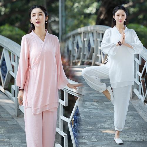 2025民族風新款棉麻禪服套裝分袖上衣松緊腰長褲兩件套