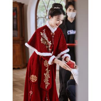 新中式冬季長袖加絨結婚禮服旗袍