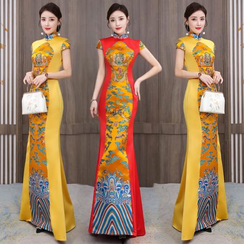 長款晚禮服2025新款年會主持模特走秀中國風旗袍舞臺演出服裝修身