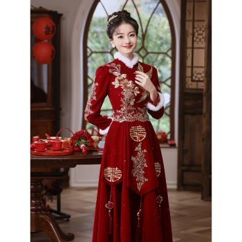 加絨旗袍女紅色長袖中式敬酒服