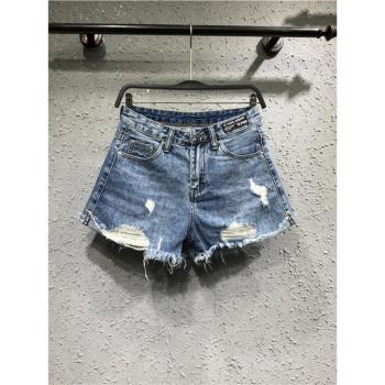 歐洲站春夏高腰破洞毛邊牛仔短褲