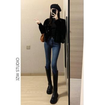 深藍色加絨緊身牛仔褲女春秋新款高腰顯瘦修身小個子鉛筆小腳褲子