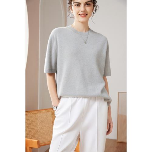 B囤系列！100%純山羊絨衫女圓領五分袖毛衣針織打底衫寬松顯瘦T恤