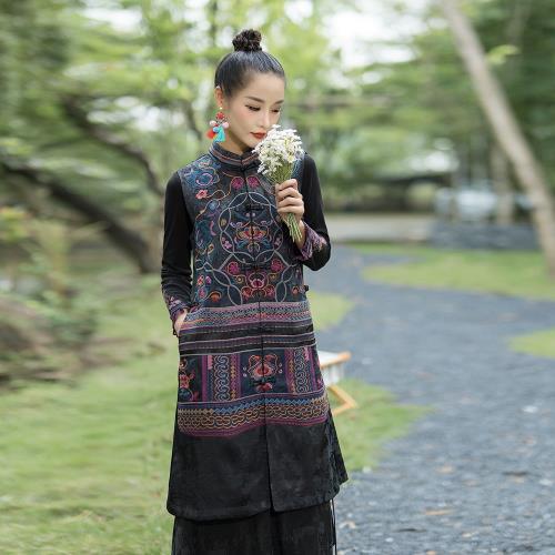 2025民族風重工老繡長款馬夾無袖外套改良中式風衣大衣長外搭