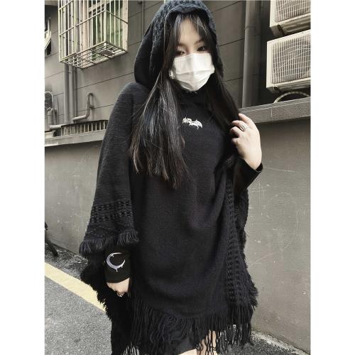 Miub暗黑系oversize寬松針織斗篷復古風不規則流蘇套頭連帽毛衣女