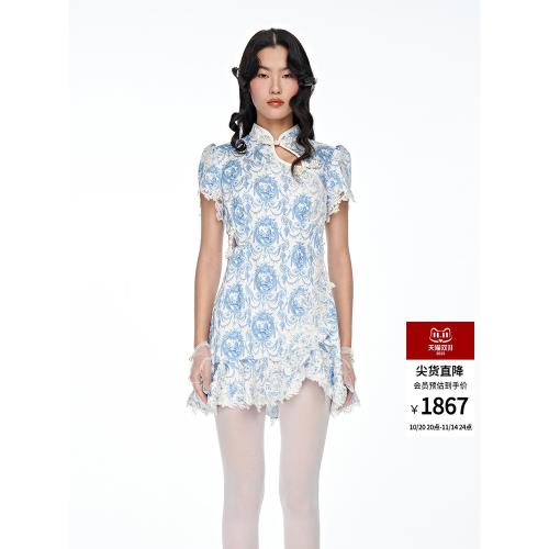 lefame拉飛姆中式收腰顯瘦印花旗袍連衣裙