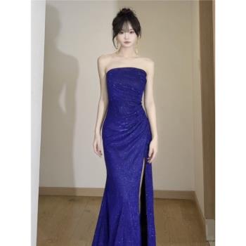 instahot 年會穿搭藍色閃閃高級生日晚禮服性感開叉抹胸連衣裙女