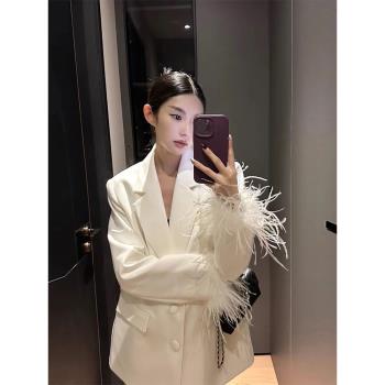 高階白色西裝外套女春季新款時尚設計感氣質名媛羽毛秋季西服上衣
