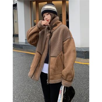 深棕色皮毛一體羊羔毛外套女冬季加絨加加厚棉衣棉襖麂皮絨皮夾克