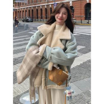 藍色皮毛一體羊羔毛外套女冬季短款加絨加厚2025新款麂皮絨機車服