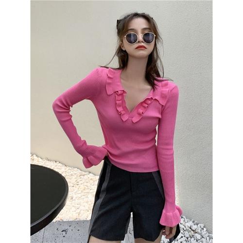 玫紅色針織衫上衣女2024新款秋季設計感小眾打底衫修身超好看毛衣