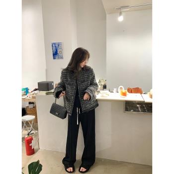 黑灰色小香風毛呢外套女2025春秋加厚顯瘦氣質編織羊毛粗花呢上衣