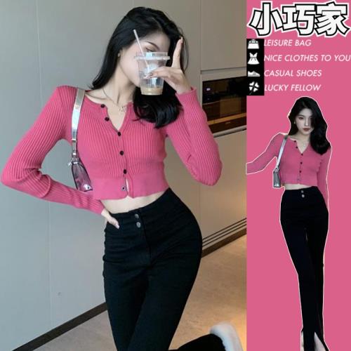 粉色針織開衫女春秋季2025新款修身內搭短款毛衣別致絕美辣妹上衣