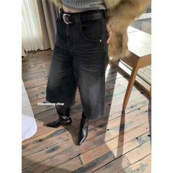 THESUMEY高腰寬松七分小眾牛仔褲
