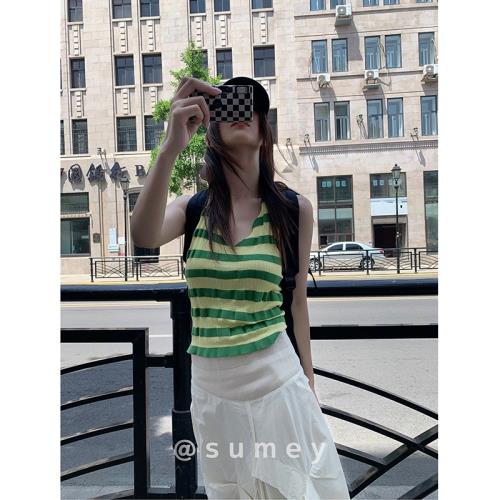 THESUMEY針織掛脖吊帶背心設計感內搭外穿上衣女條紋綁帶ins小眾