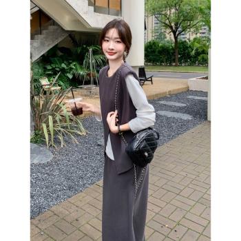 設計感灰色連衣裙時尚套裝女2025春新款高階感半身裙打底衫三件套