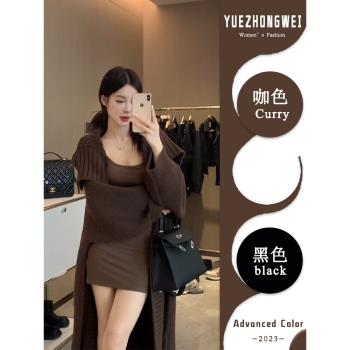 咖色翻領中長款過膝毛衣開衫外套女秋冬季寬松慵懶風加厚針織上衣
