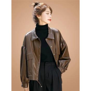 高階感PU皮衣外套秋季2025年新款韓版寬松復古單排扣皮夾克女裝