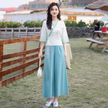 中國風改良漢服中式旗袍唐裝上衣茶服女春夏足浴養生館採耳工作服