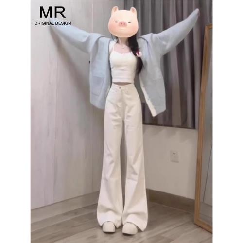 白色低腰微喇牛仔褲女2025年春季新款不貼腿垂感拖地馬蹄喇叭褲子