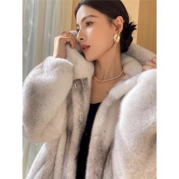 2024秋冬新款保暖皮草外套女連帽環保水貂毛毛寬松氣質大衣高階感