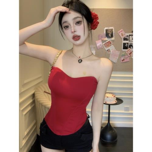 純欲辣妹魚骨無肩帶抹胸背心女裝夏季束腰緊身防走光紅色裹胸上衣