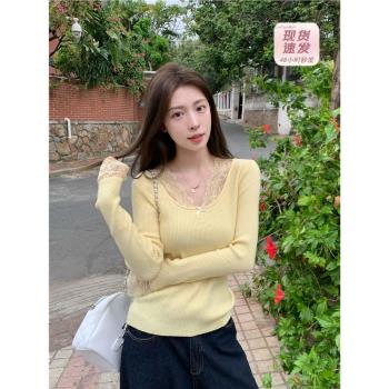 miu系鵝黃色拼接蕾絲打底衫女春秋純欲內搭毛衣絕美羊絨針織上衣