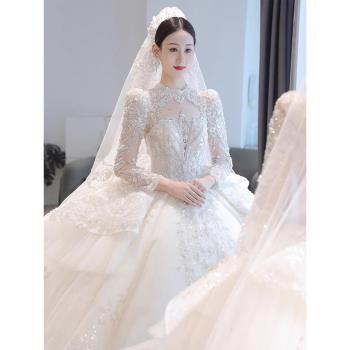 主婚紗禮服新娘2024新款大拖尾顯瘦公主長袖重工宮廷高階質感秋冬