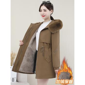派克服加絨加厚時尚中長款棉服2024秋冬季新款中年媽媽毛領上衣女