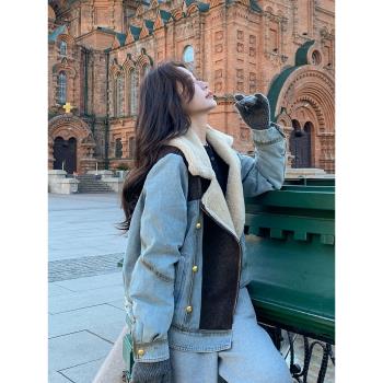 撞色牛仔拼接內膽羽絨服2025新款女冬季韓系復古加厚絨派克服外套