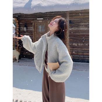 灰色短款羊羔毛絨外套2025新款女冬季百搭休閑小個子加厚夾克棉服