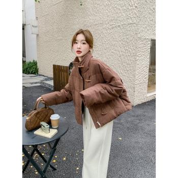 咖色復古美拉德格子加厚外套2025新款女冬肌理感牛角扣短款羽絨服