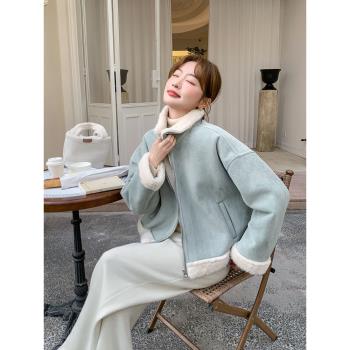 淺藍色短款皮毛一體毛絨外套2025新款女冬減齡加厚麂皮絨夾克棉服