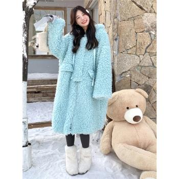 羊羔毛棉服女冬保暖加厚加絨寬松中長款連帽外套毛茸茸奶呼呼大衣
