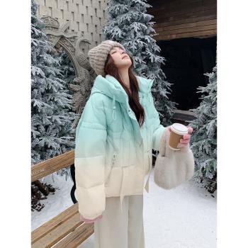 漸變藍色超好看短款羽絨服2025新款女冬小眾設計感流行爆款厚外套