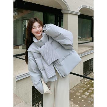 超好看藍色羽絨服女冬2025新款設計感小眾披肩麵包服流行短厚外套