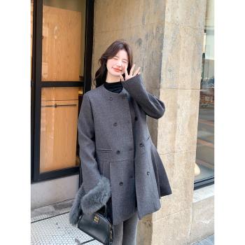 灰色小香風羊毛呢內膽羽絨服2025新款女冬千金風高級感百褶裙大衣