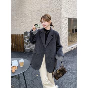 灰色內膽羽絨羊毛呢西裝外套2025新款女冬高級感氣質短款加厚大衣