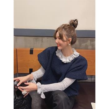 韓國東大門套裝女新款小眾外搭毛衣一整套ootd穿搭獨特木耳邊上衣