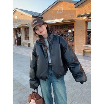 黑色立領pu皮衣羽絨服外套2025新款女冬高級感寬松休閑加厚棒球服